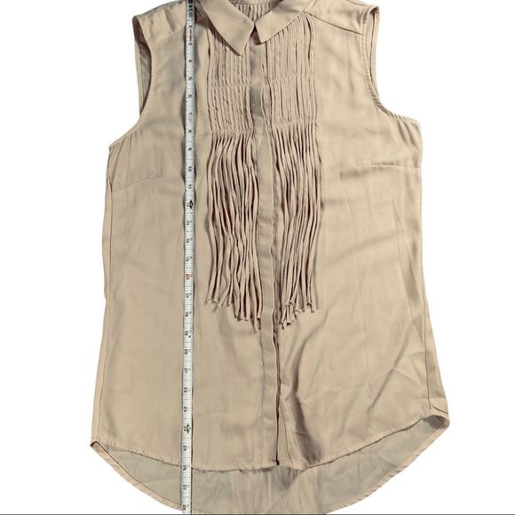 San Joy size small tan top with fringe on front & back, button down with collar - Picture 11 of 15